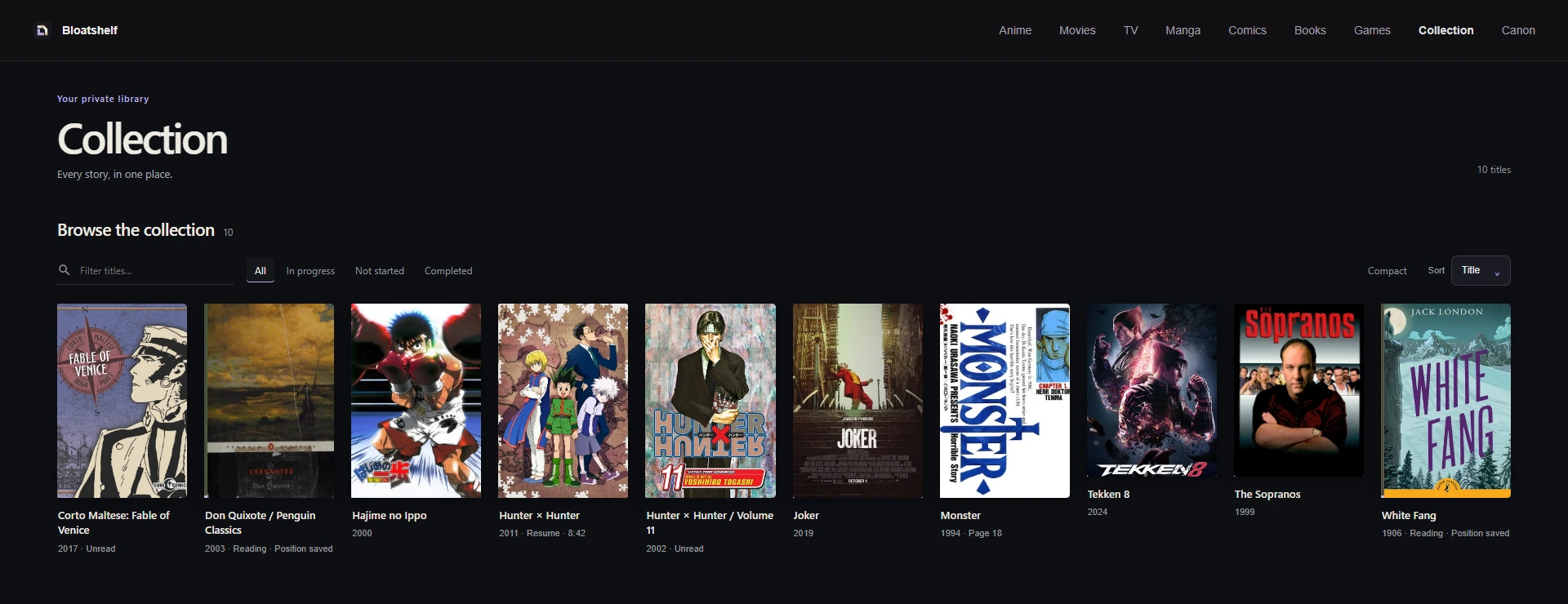Actual Bloatshelf desktop catalogue component with sample artwork, grouped works, metadata and progress: Hunter × Hunter, Monster, White Fang, Tekken 8, Hunter × Hunter volume 11 and Don Quixote / Penguin Classics
