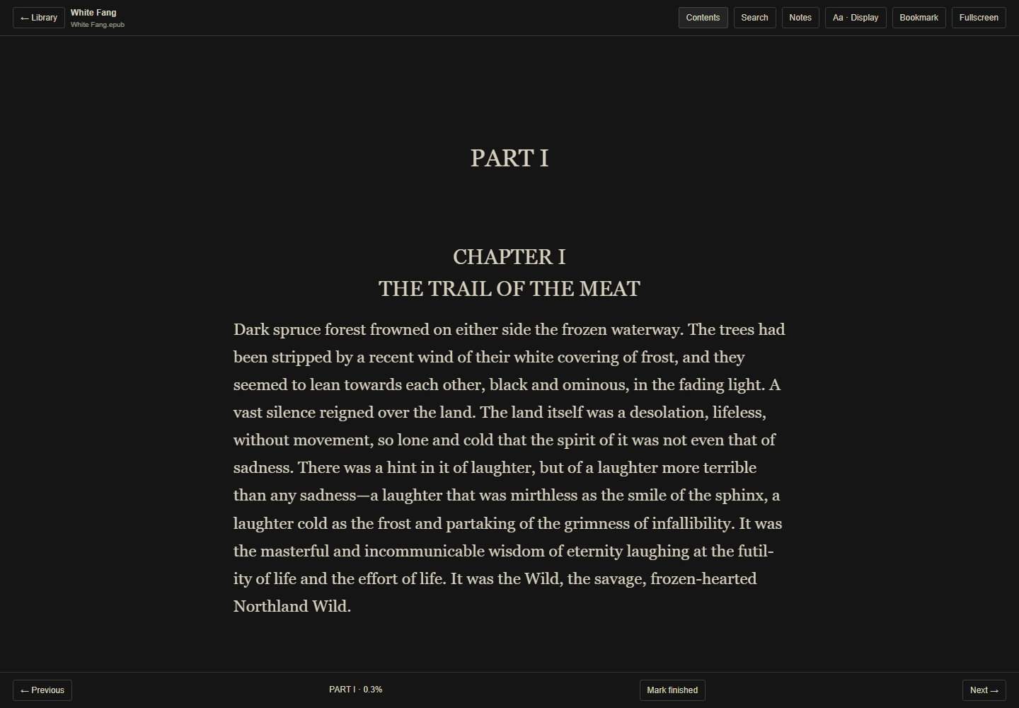 Actual Bloatshelf White Fang EPUB reader in a dark theme with saved position and display controls
